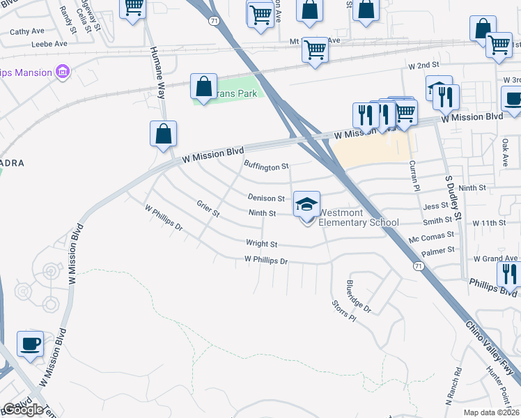 map of restaurants, bars, coffee shops, grocery stores, and more near 1855 West 9th Street in Pomona