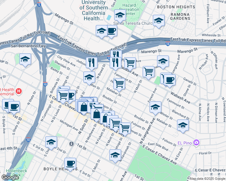 map of restaurants, bars, coffee shops, grocery stores, and more near 2431 Malabar Street in Los Angeles