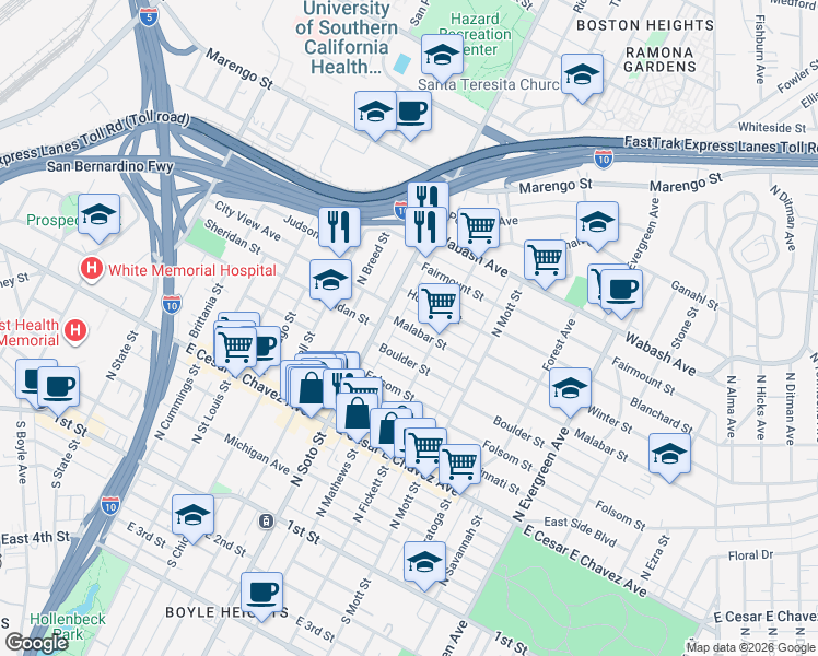 map of restaurants, bars, coffee shops, grocery stores, and more near 2431 Malabar Street in Los Angeles