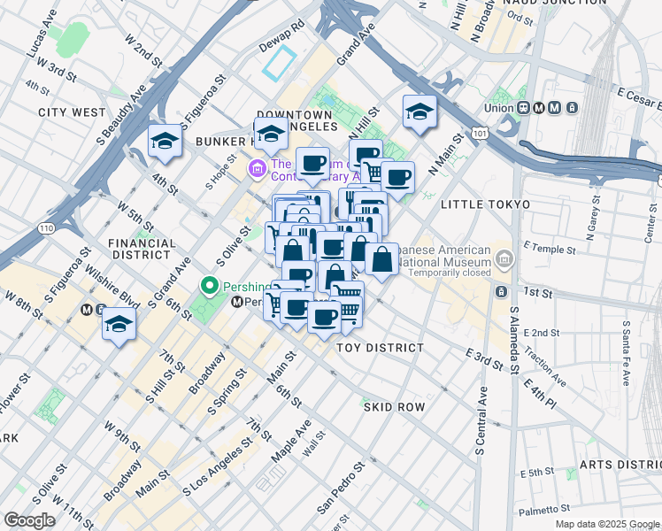 map of restaurants, bars, coffee shops, grocery stores, and more near 121 West 3rd Street in Los Angeles