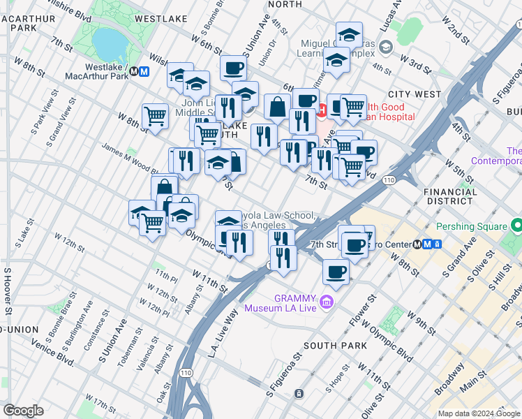map of restaurants, bars, coffee shops, grocery stores, and more near 1238 West 8th Street in Los Angeles
