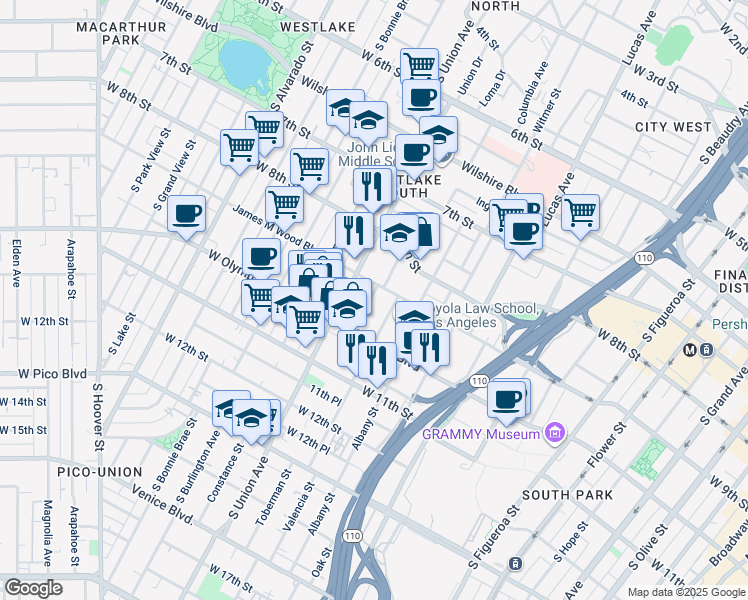 map of restaurants, bars, coffee shops, grocery stores, and more near 1520 James M Wood Boulevard in Los Angeles