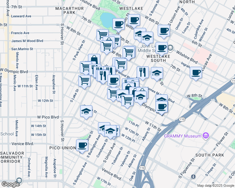 map of restaurants, bars, coffee shops, grocery stores, and more near 1730 West Olympic Boulevard in Los Angeles