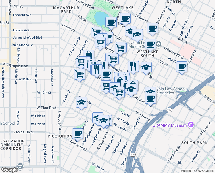 map of restaurants, bars, coffee shops, grocery stores, and more near 1730 West Olympic Boulevard in Los Angeles