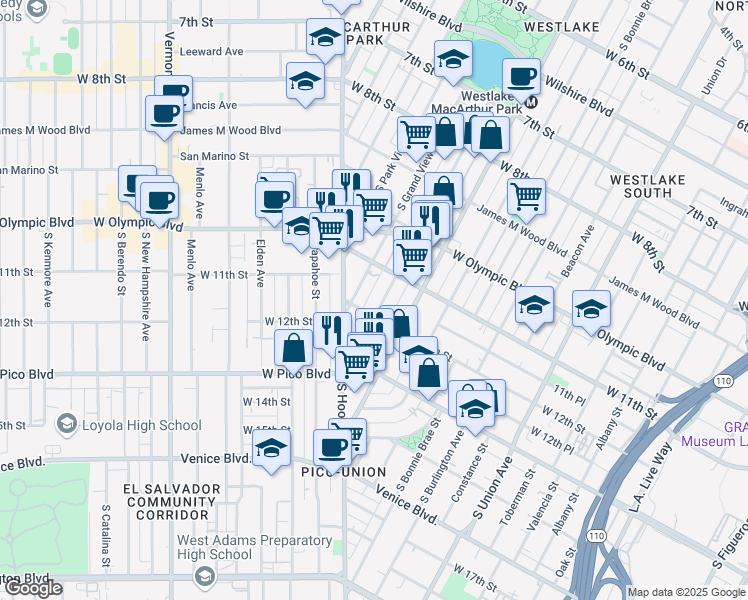 map of restaurants, bars, coffee shops, grocery stores, and more near 1125 South Lake Street in Los Angeles