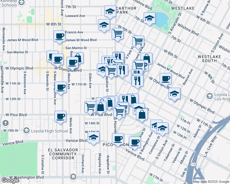 map of restaurants, bars, coffee shops, grocery stores, and more near in Los Angeles