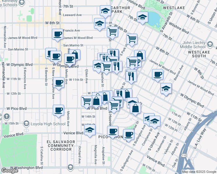 map of restaurants, bars, coffee shops, grocery stores, and more near in Los Angeles