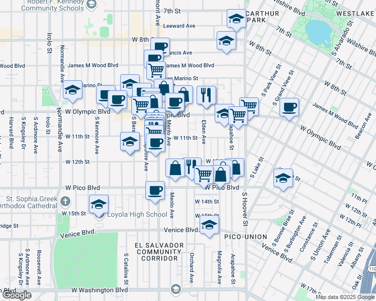 map of restaurants, bars, coffee shops, grocery stores, and more near 1126 South Westmoreland Avenue in Los Angeles