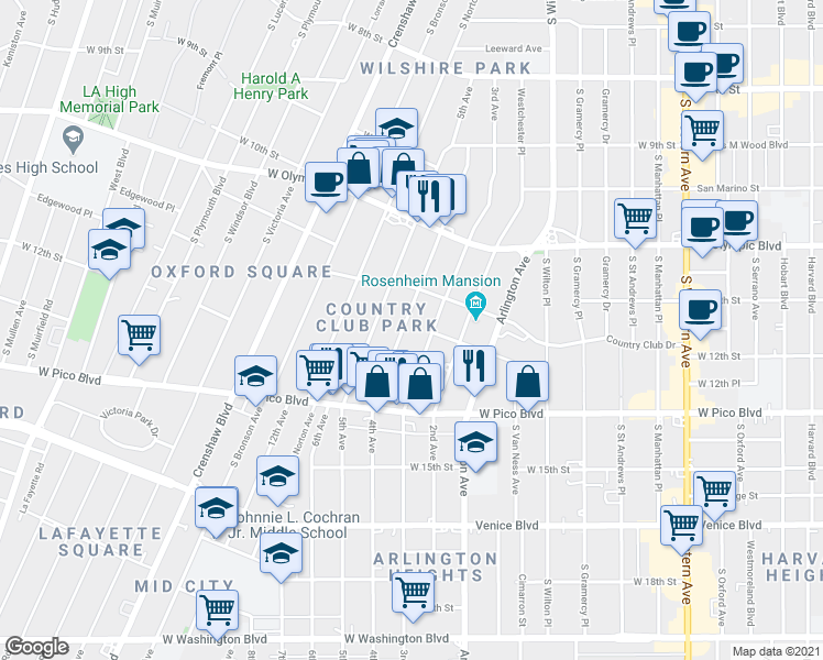 map of restaurants, bars, coffee shops, grocery stores, and more near 1140 1/2 4th Avenue in Los Angeles