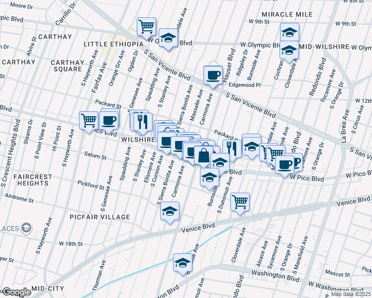 map of restaurants, bars, coffee shops, grocery stores, and more near 1353 Carmona Avenue in Los Angeles