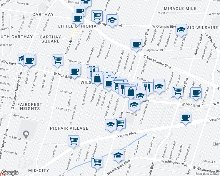 map of restaurants, bars, coffee shops, grocery stores, and more near 5555 West Pico Boulevard in Los Angeles