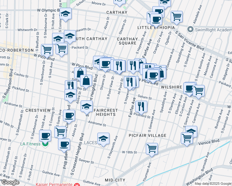 map of restaurants, bars, coffee shops, grocery stores, and more near 1501 Hi Point Street in Los Angeles
