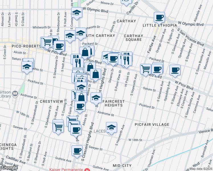 map of restaurants, bars, coffee shops, grocery stores, and more near 1486 South Crescent Heights Boulevard in Los Angeles