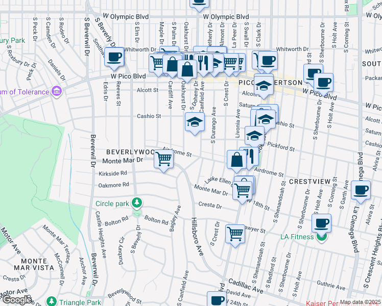 map of restaurants, bars, coffee shops, grocery stores, and more near 9233 Airdrome Street in Los Angeles