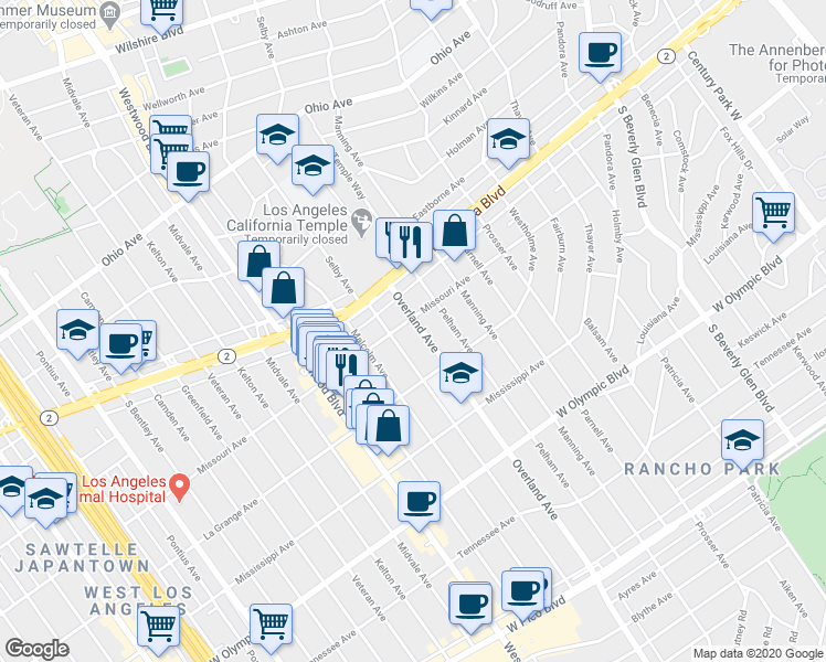 map of restaurants, bars, coffee shops, grocery stores, and more near 10731 Missouri Avenue in Los Angeles