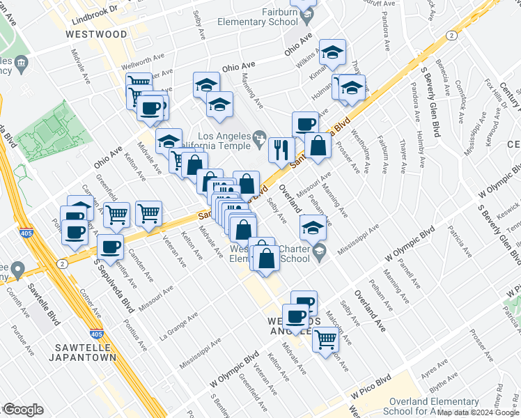 map of restaurants, bars, coffee shops, grocery stores, and more near 1810 Malcolm Avenue in Los Angeles