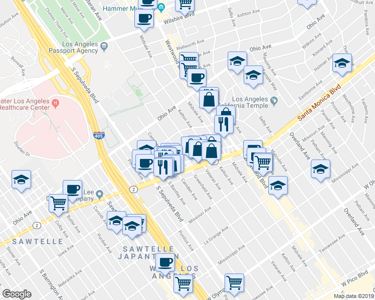 map of restaurants, bars, coffee shops, grocery stores, and more near 1641 Veteran Avenue in Los Angeles