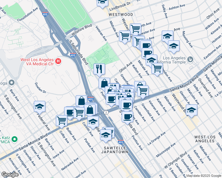 map of restaurants, bars, coffee shops, grocery stores, and more near 1300 South Sepulveda Boulevard in Los Angeles