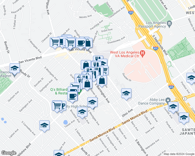 map of restaurants, bars, coffee shops, grocery stores, and more near in Los Angeles
