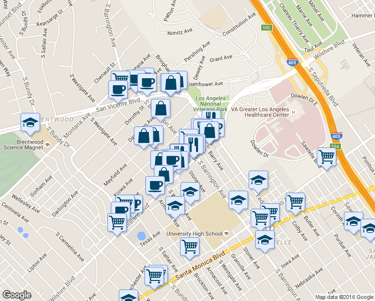 map of restaurants, bars, coffee shops, grocery stores, and more near in Los Angeles