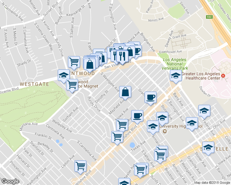 map of restaurants, bars, coffee shops, grocery stores, and more near 11920 Dorothy Street in Los Angeles