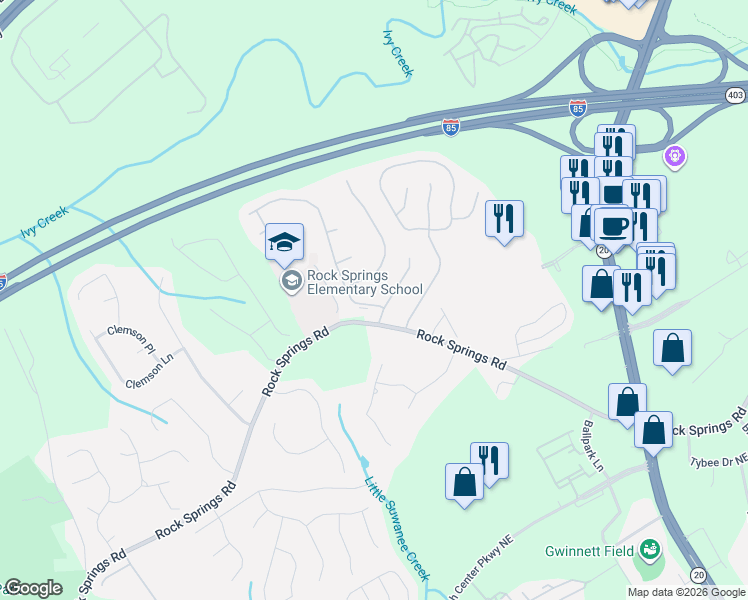 map of restaurants, bars, coffee shops, grocery stores, and more near 3037 Baymount Way in Lawrenceville