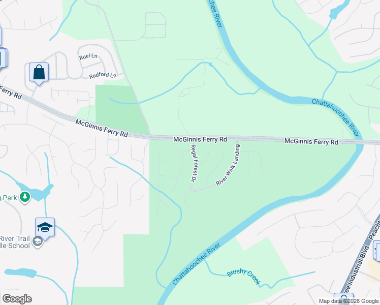 map of restaurants, bars, coffee shops, grocery stores, and more near 11080 Regal Forest Drive in Suwanee