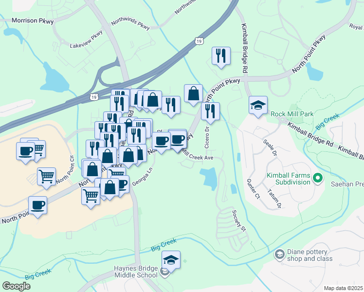 map of restaurants, bars, coffee shops, grocery stores, and more near 2600 Mill Creek Avenue in Alpharetta