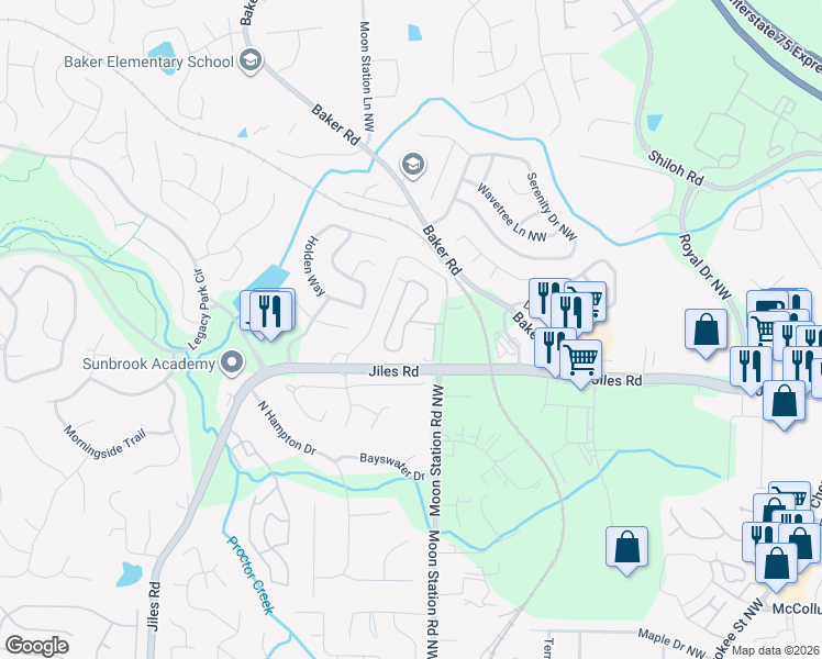 map of restaurants, bars, coffee shops, grocery stores, and more near 2257 Vineyards Lake Drive in Kennesaw