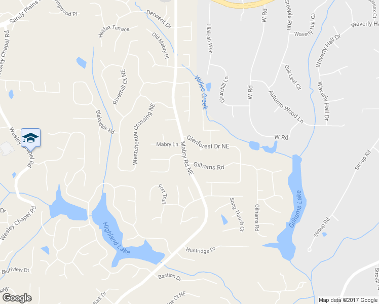 map of restaurants, bars, coffee shops, grocery stores, and more near 4142 Mabry Road Northeast in Roswell