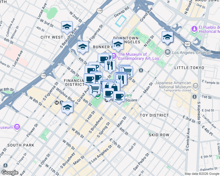 map of restaurants, bars, coffee shops, grocery stores, and more near 417 South Hill Street in Los Angeles