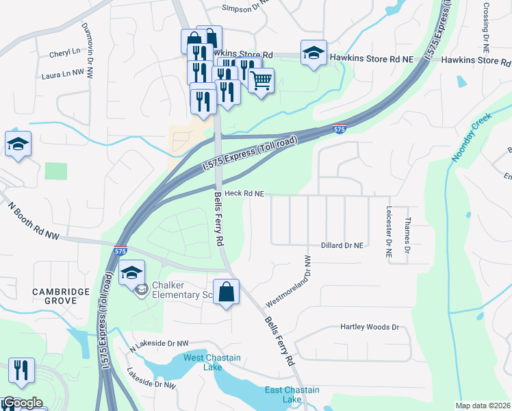 map of restaurants, bars, coffee shops, grocery stores, and more near 10 Dillard Drive Northeast in Kennesaw