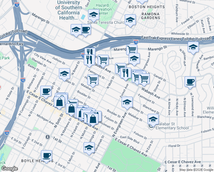map of restaurants, bars, coffee shops, grocery stores, and more near 807 North Mott Street in Los Angeles