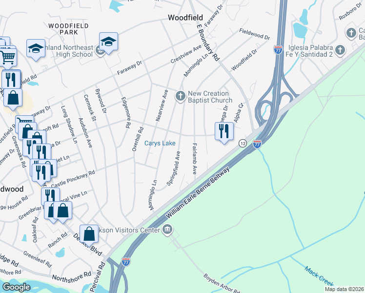 map of restaurants, bars, coffee shops, grocery stores, and more near 1782 Springfield Avenue in Columbia