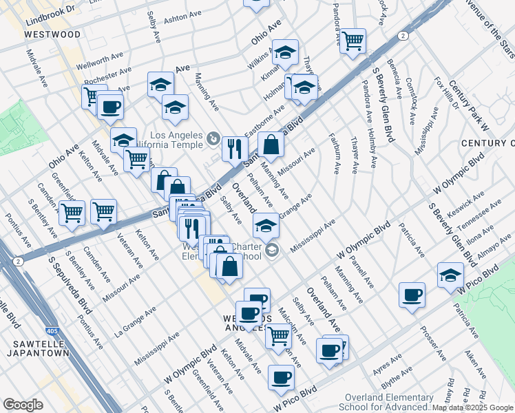 map of restaurants, bars, coffee shops, grocery stores, and more near 1920 Overland Avenue in Los Angeles