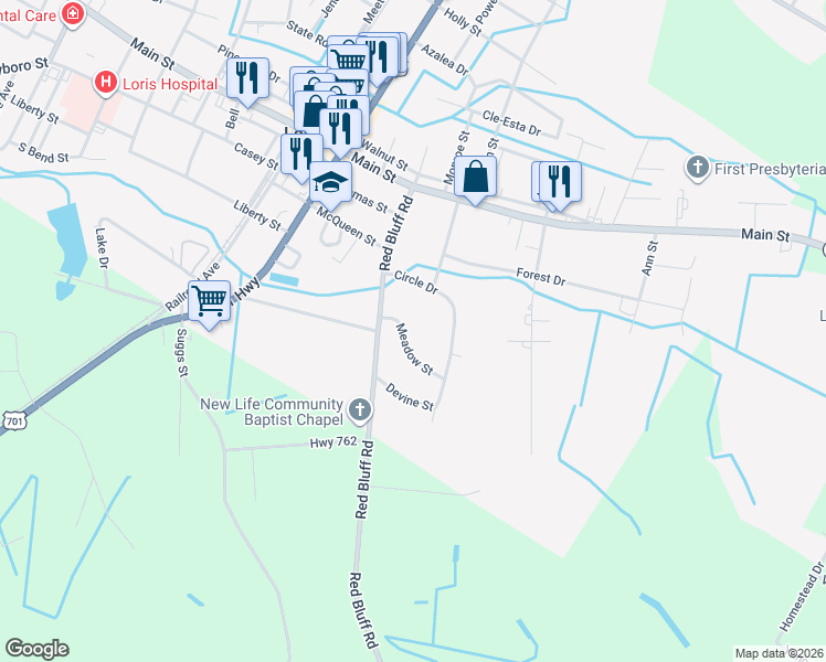 map of restaurants, bars, coffee shops, grocery stores, and more near 4907 Meadow Street in Loris