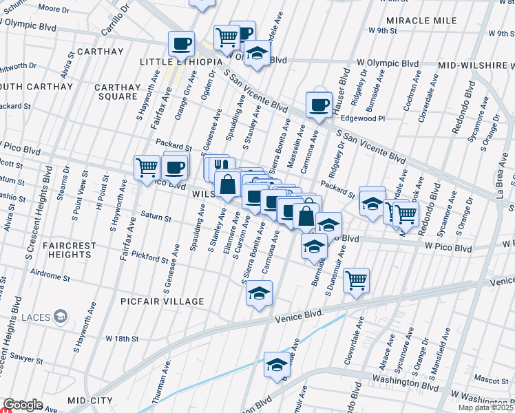 map of restaurants, bars, coffee shops, grocery stores, and more near 5555 West Pico Boulevard in Los Angeles