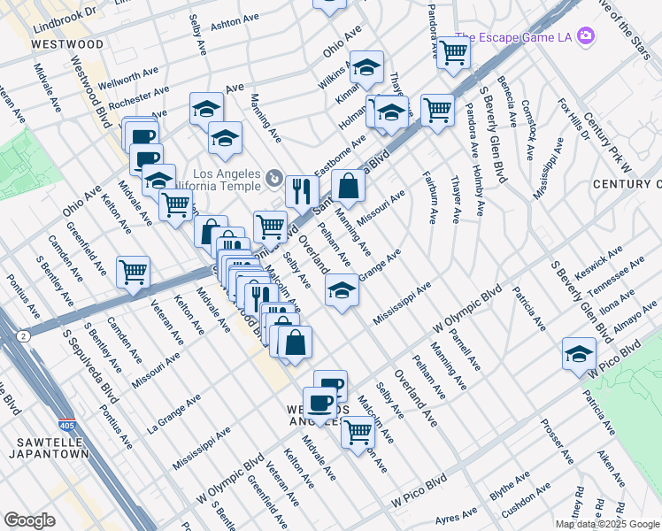 map of restaurants, bars, coffee shops, grocery stores, and more near 1920 Overland Avenue in Los Angeles