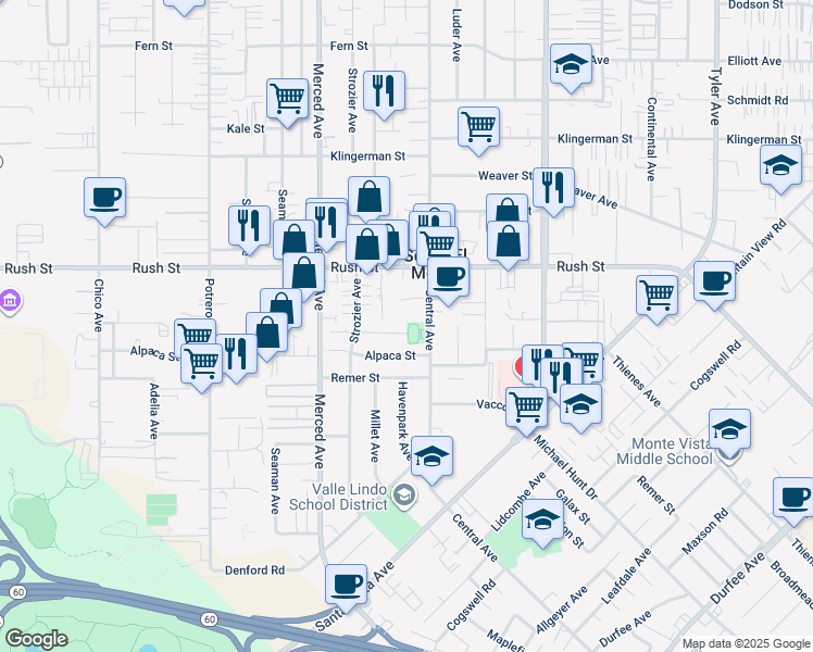map of restaurants, bars, coffee shops, grocery stores, and more near in El Monte
