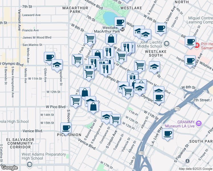 map of restaurants, bars, coffee shops, grocery stores, and more near 1037 South Bonnie Brae Street in Los Angeles