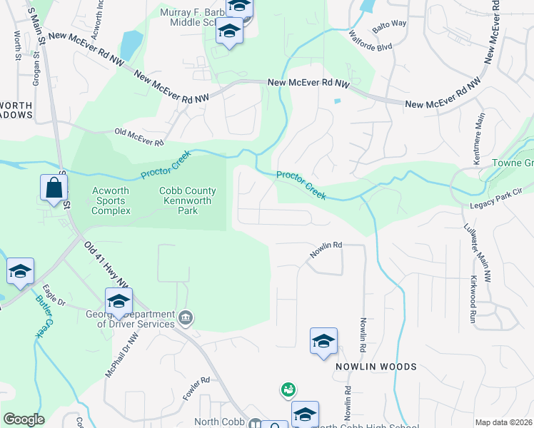 map of restaurants, bars, coffee shops, grocery stores, and more near 3268 McEver Park Circle in Acworth