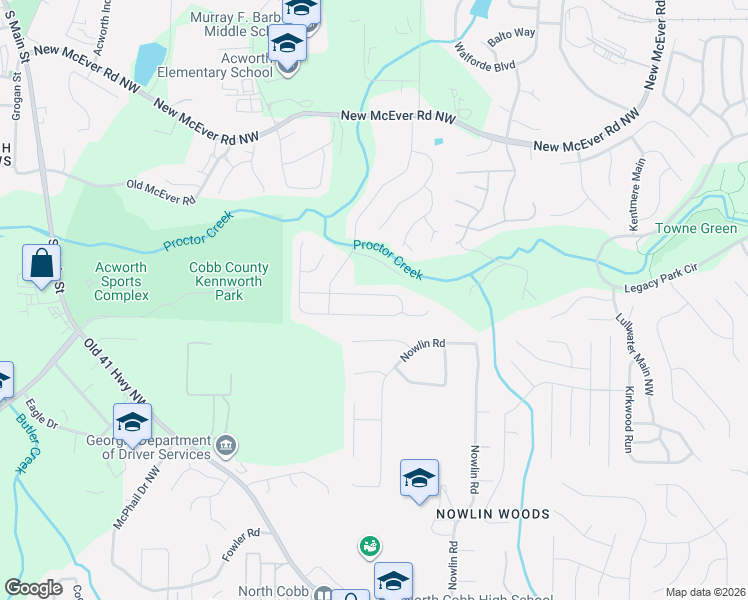 map of restaurants, bars, coffee shops, grocery stores, and more near 3280 McEver Park Circle in Acworth