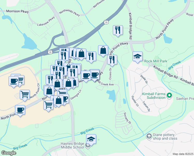 map of restaurants, bars, coffee shops, grocery stores, and more near 2600 Mill Creek Avenue in Alpharetta