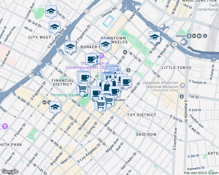 map of restaurants, bars, coffee shops, grocery stores, and more near 351 South Broadway in Los Angeles