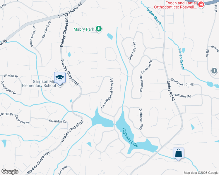 map of restaurants, bars, coffee shops, grocery stores, and more near 4237 Loch Highland Parkway Northeast in Roswell