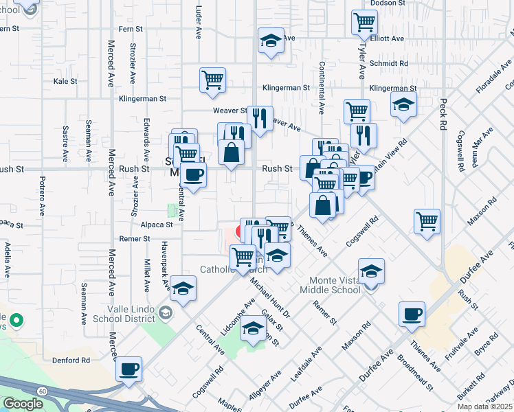 map of restaurants, bars, coffee shops, grocery stores, and more near 1886b Santa Anita Avenue in South El Monte