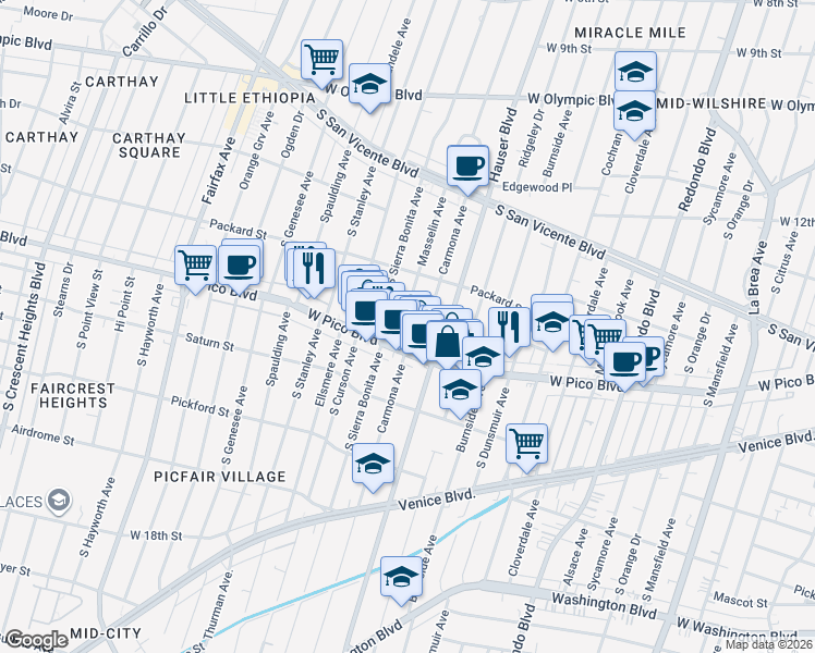 map of restaurants, bars, coffee shops, grocery stores, and more near 1353 Carmona Avenue in Los Angeles