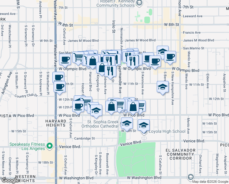 map of restaurants, bars, coffee shops, grocery stores, and more near 1128 Irolo Street in Los Angeles