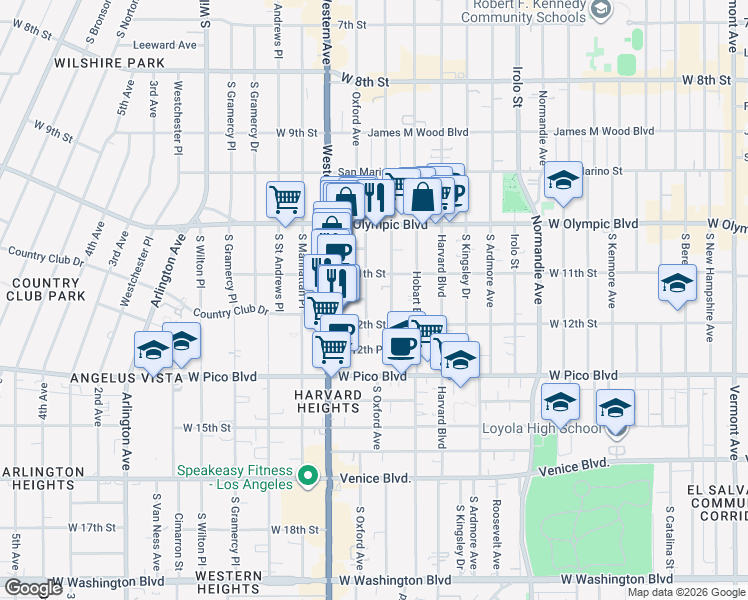 map of restaurants, bars, coffee shops, grocery stores, and more near 1132 South Oxford Avenue in Los Angeles