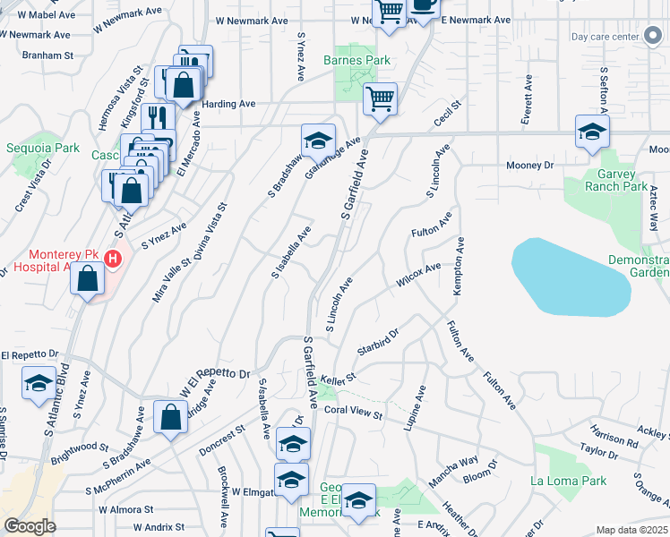 map of restaurants, bars, coffee shops, grocery stores, and more near 1059 South Garfield Avenue in Monterey Park